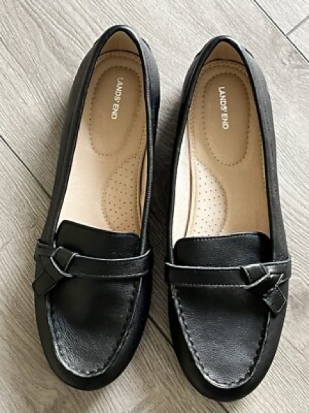 Lands' End Black Leather Women's Penny Loafers with Strap Detail